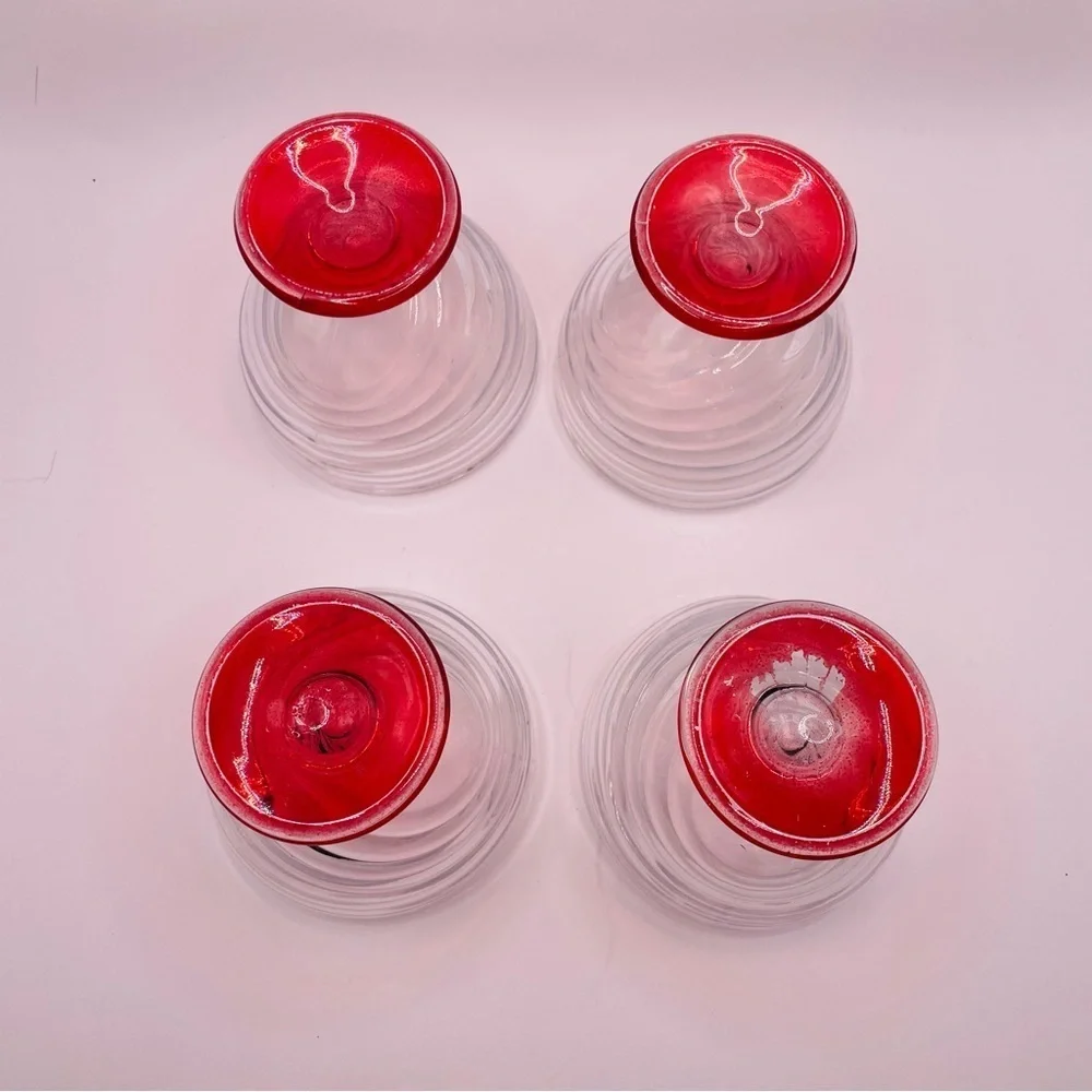 4 Vintage - ARC Swirl MCM / Ribbed Pedestal Dessert Glass Dish Flashed Red Base